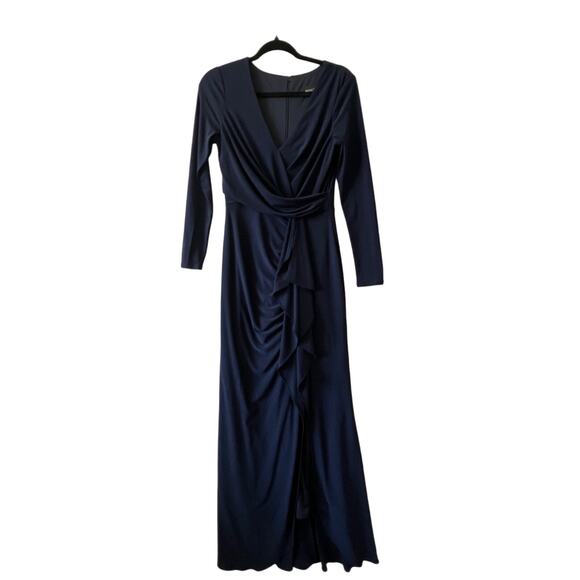 Betsy & Adam Navy Blue Stretch Jersey V Neck Long Sleeve Ruffled Gown Womens 4 - Picture 2 of 12